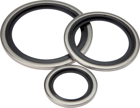 Exemplary representation: Hydraulic sealing ring with elastomer insert, self-reducing, (1.4301 / FKM)